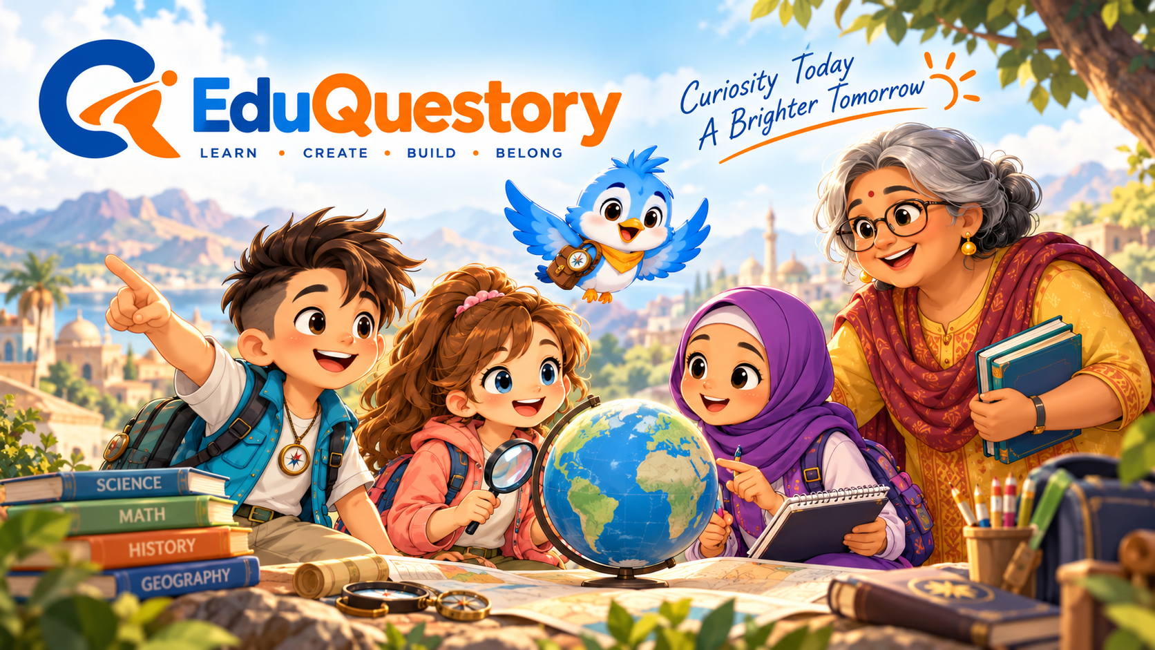 The EduQuestory learning world: a brightly illustrated scene featuring Kai, Mia, Ari, Pip, and Ms. Mira exploring and learning together.